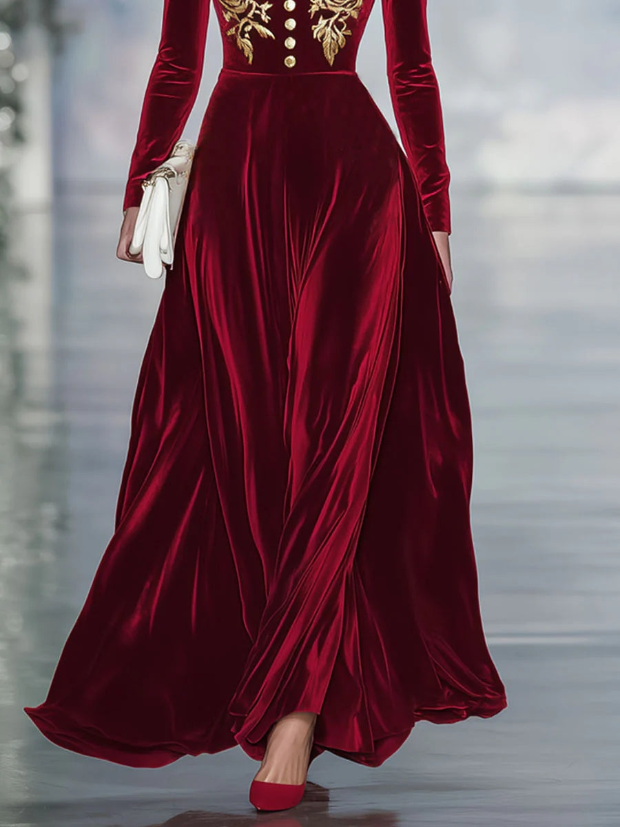 Ursiime Party Burgundy V Neck Long Sleeve Embroidery Casual Button Velvet Maxi Dresses [Pre-Order]