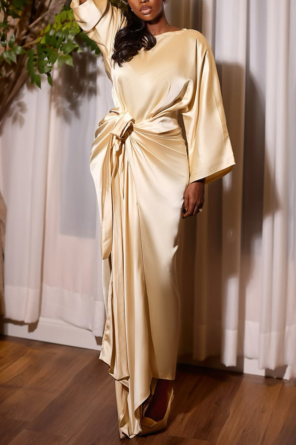 Ursiime Design Mother Of The Bride Champagne Round Neck Long Sleeve Wrap Elegant Irregular Hem Satin Maxi Dresses [Pre-Order]