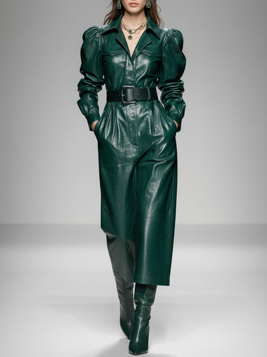 Ursiime Business Casual Green Turndown Collar Puff Sleeve Long Sleeve Pocket Casual PU Leather Jumpsuits [Pre-Order]