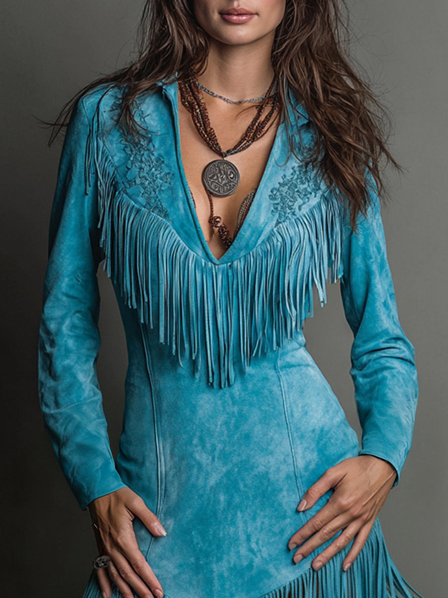 Ursiime Daily Blue V Neck Long Sleeve Strappy Western Embroidery Chamois Mini Dresses [Pre-Order]