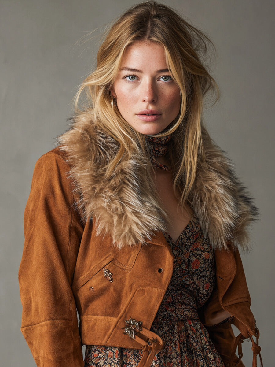 Ursiime Business Casual Brown Long Sleeve Feather Casual Short Flannelette Jacket