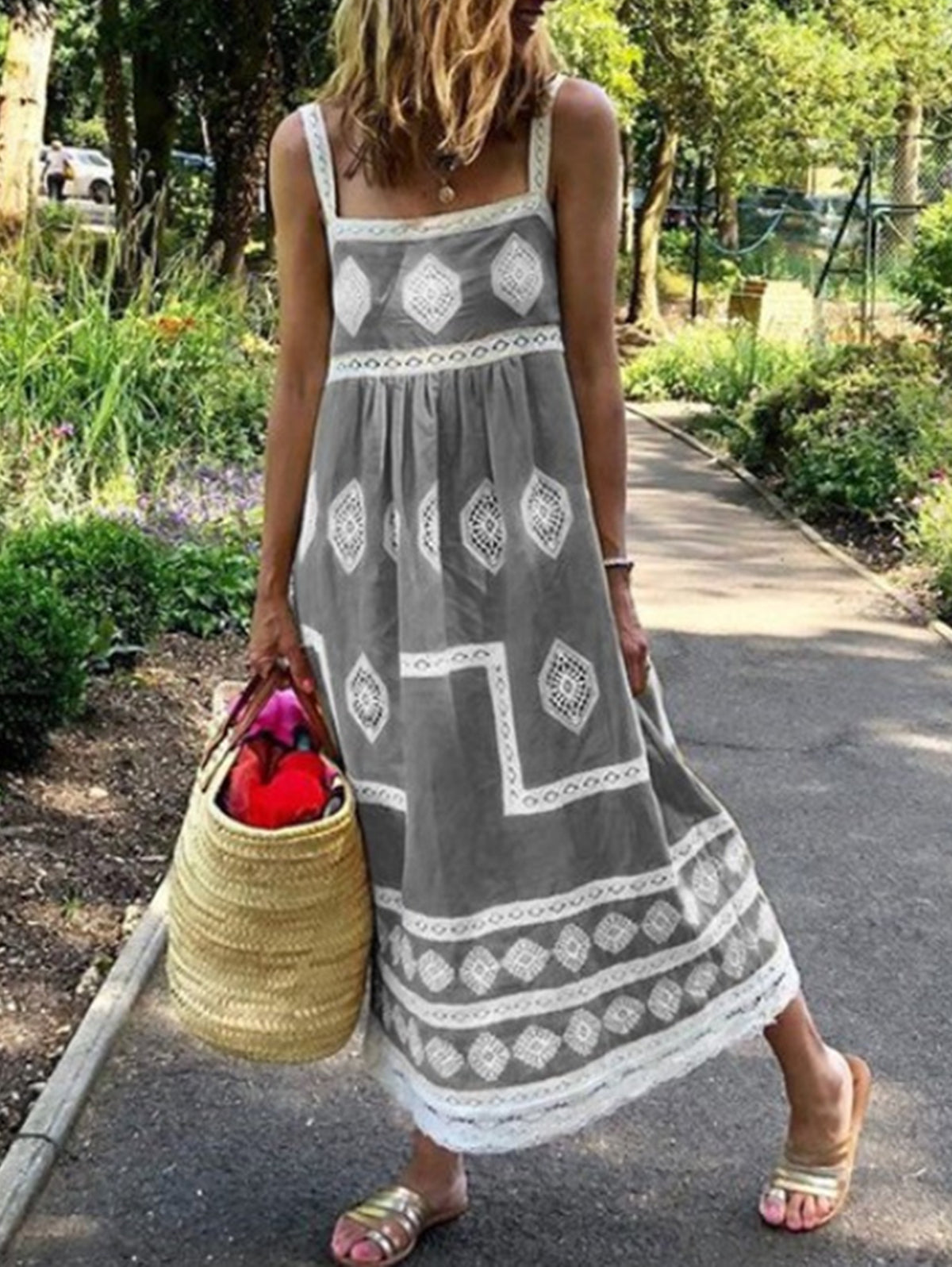 Casual Square Neck Boho Print Tank Maxi Dress