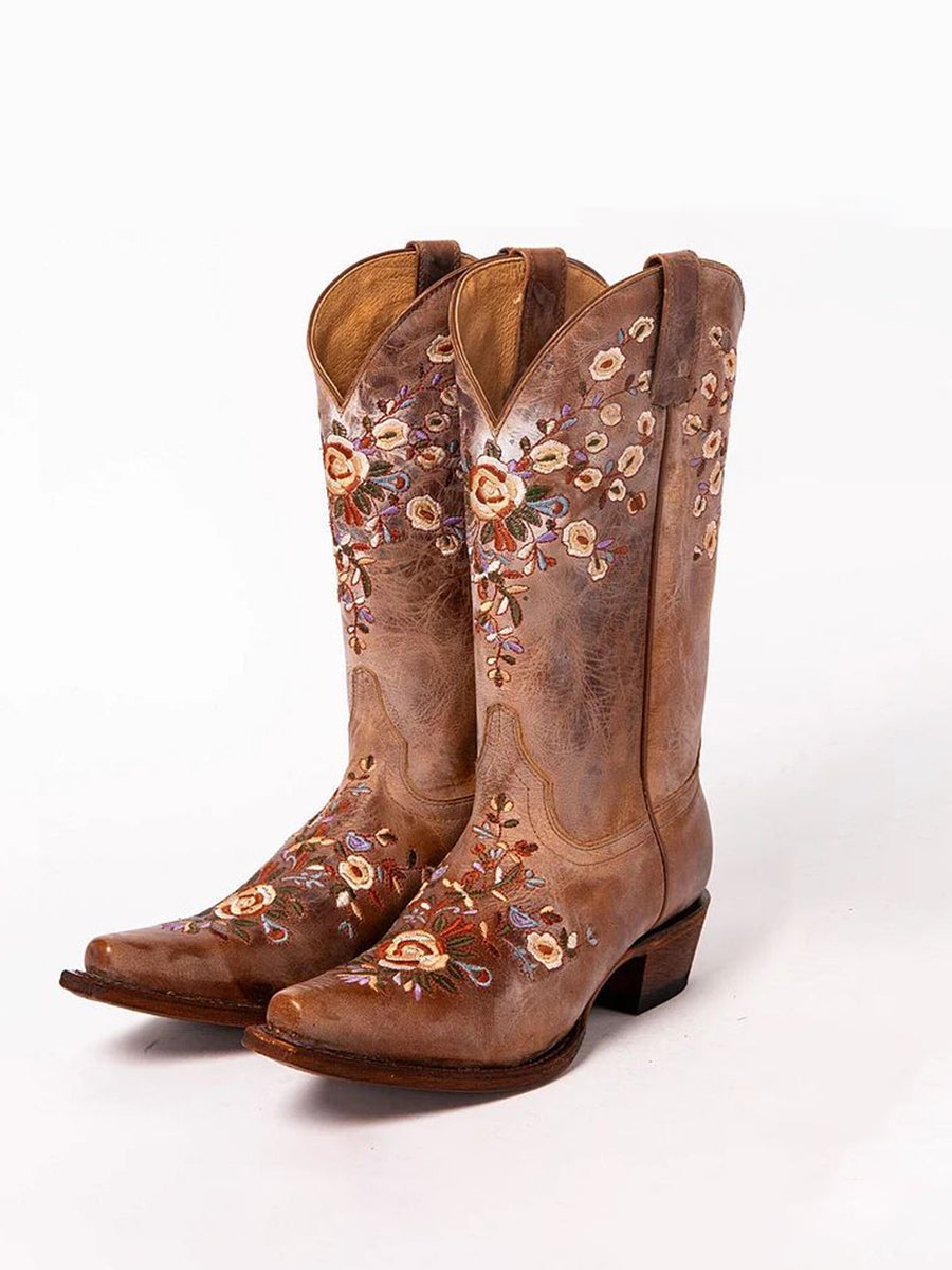 Western Brown PU Leather Floral Embroidery Square Toe Boots