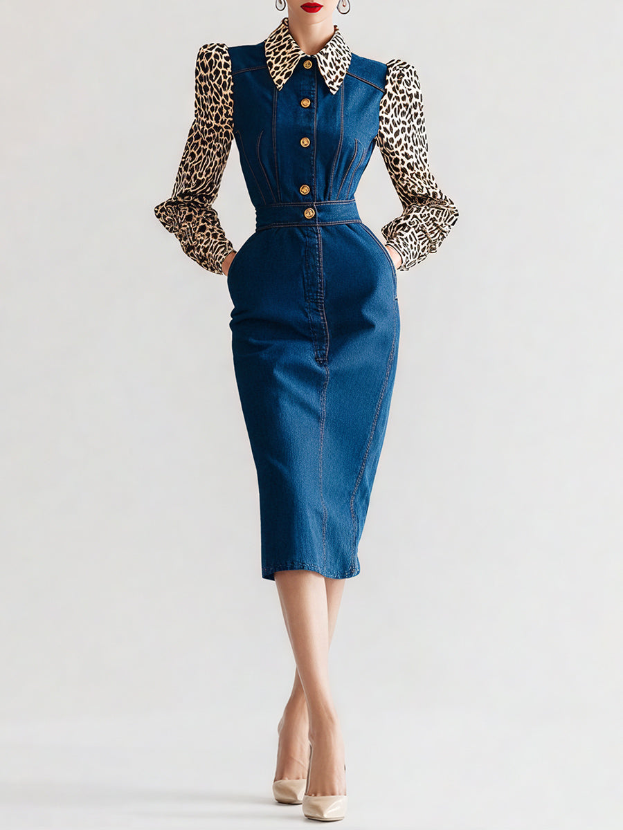 Ursiime Business Casual Blue Leopard Shirt Collar Long Sleeve Contrast Casual Pocket Denim Two Piece Skirt Sets