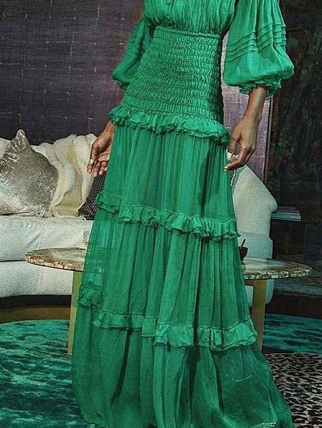 Stand Collar Lantern Sleeve Ruffle Tiered Maxi Dress