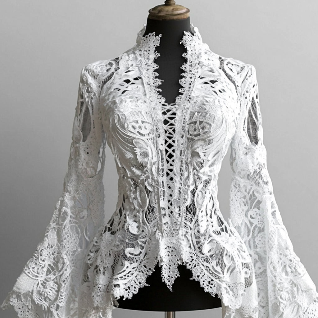 Ursiime Lace Hollow Out Flare Sleeve Lace-Up Blouse