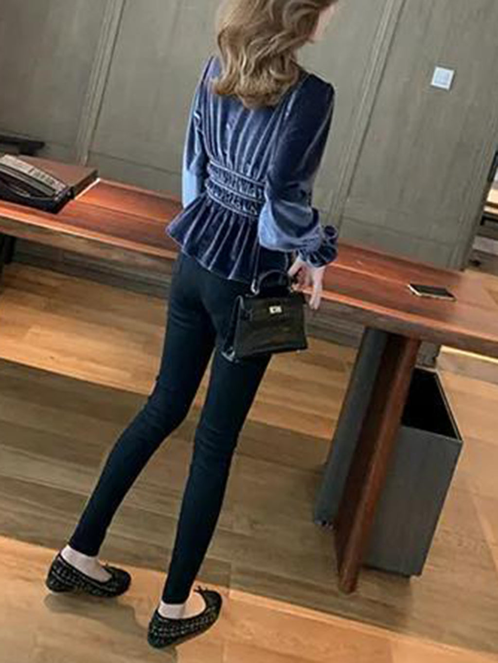 Elegant V Neck Long Sleeve Ruffle Peplum Velvet Blouse