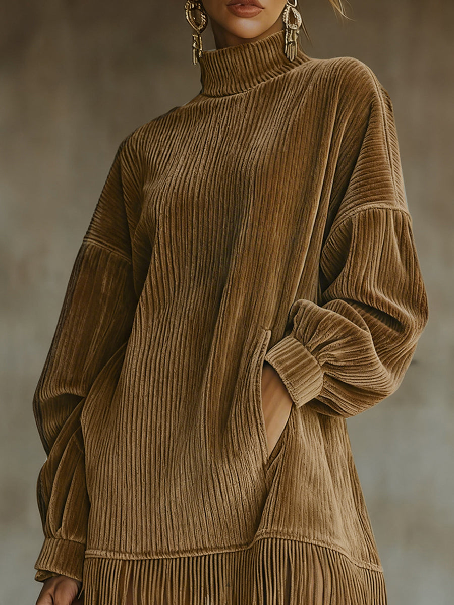 Ursiime Daily Brown High Collar Lantern Sleeve Long Sleeve Strappy Vintage Pocket Corduroy Mini Dresses [Pre-Order]