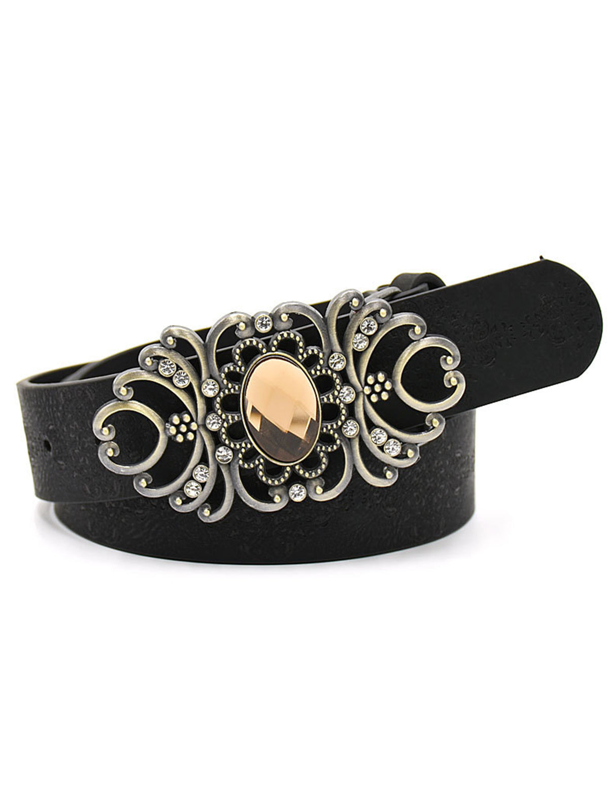 Retro Rhinestone Floral Buckle PU leather Belt