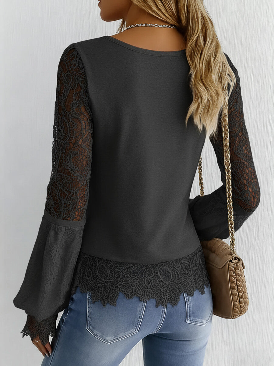 UrsiimeSheer Lace Patchwork V Neck Lantern Sleeve Blouse