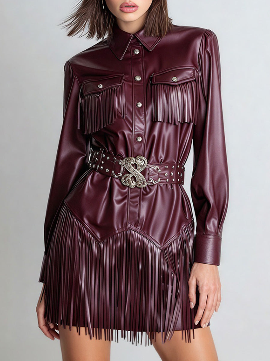 Ursiime Daily Burgundy Shirt Collar Long Sleeve Strappy Casual Button PU Leather Mini Dresses