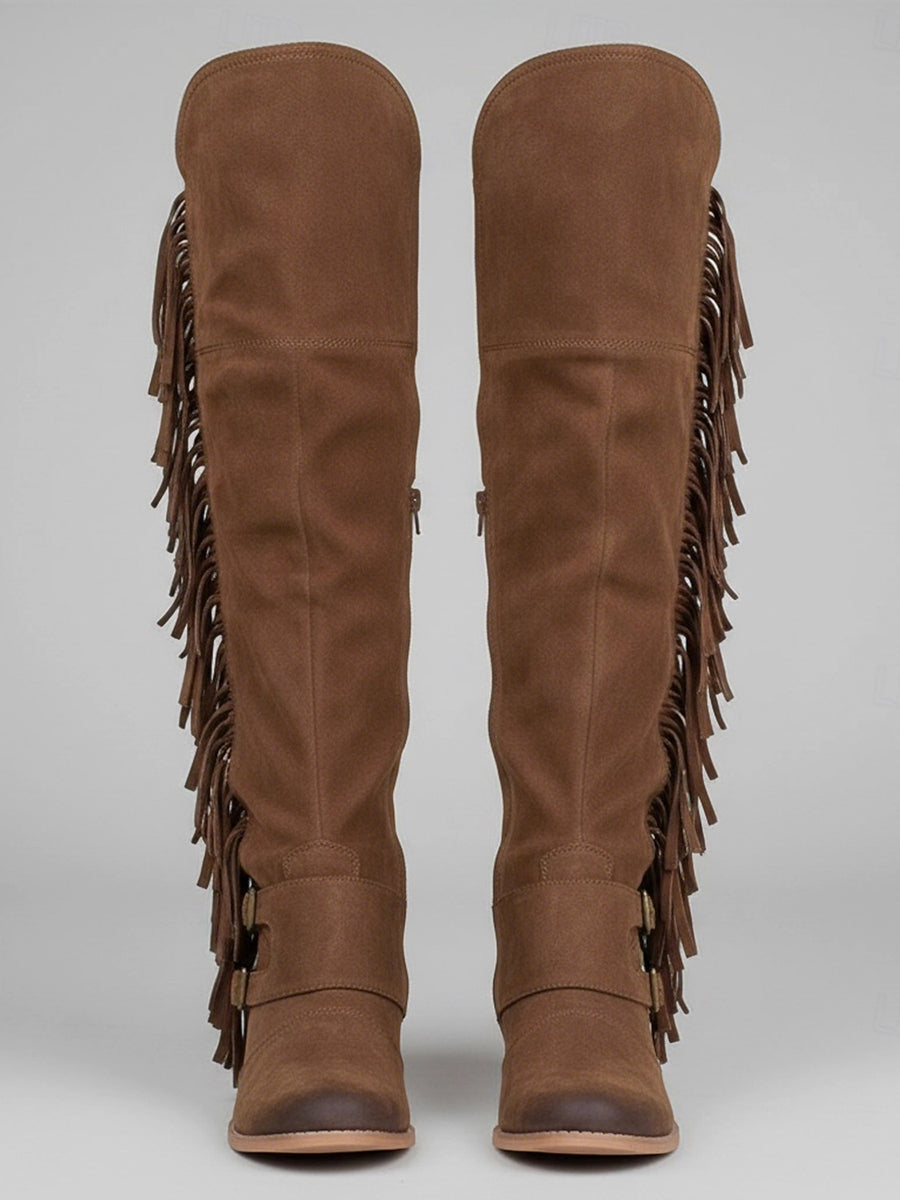 Western Brown Suede Double Buckle Straps Fringe Over-The-Knee Boots