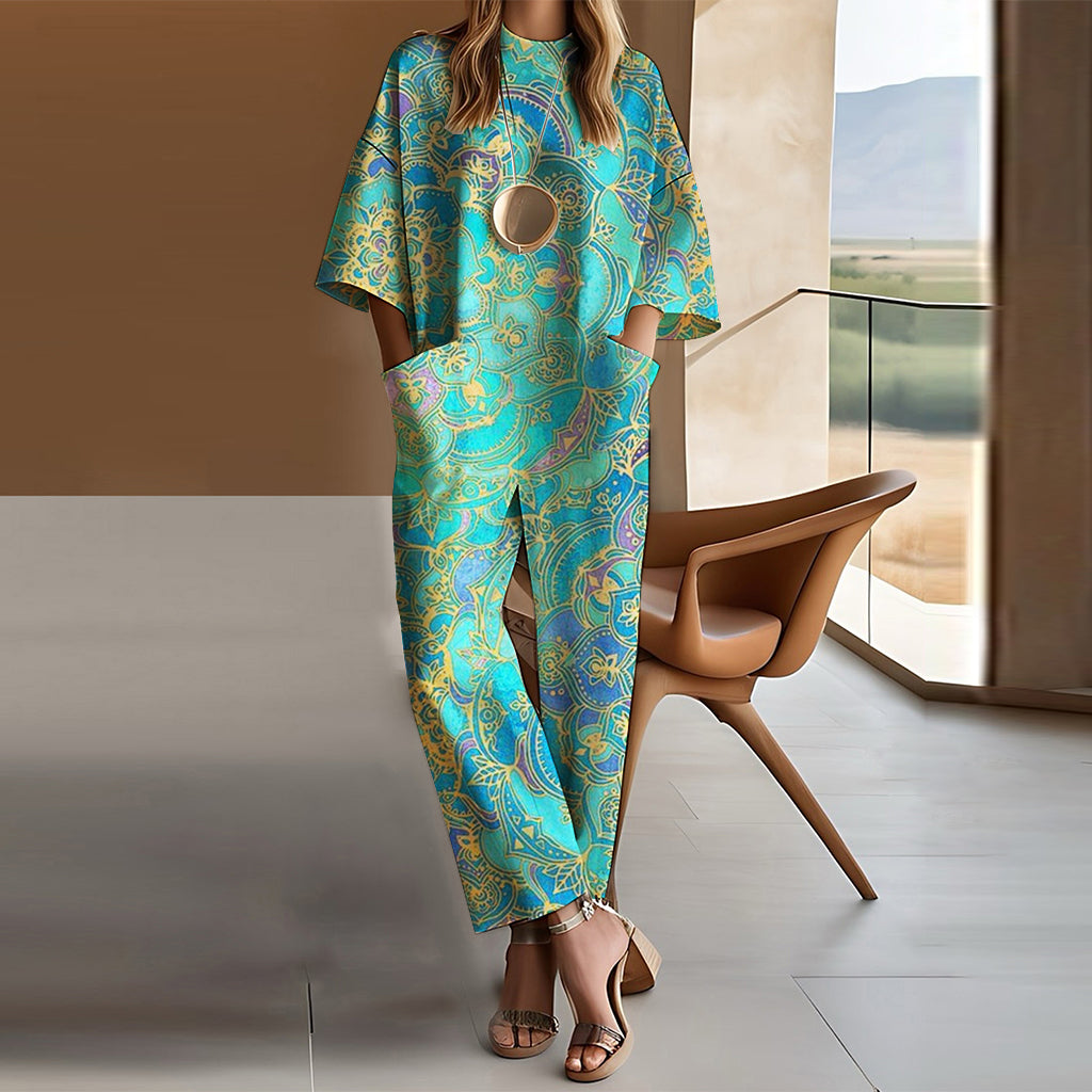 Ursiime Ethnic Patterns Drop Shoulder 3/4 Sleeve Pocket Jumpsuit