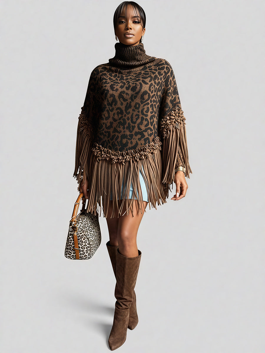 Ursiime Daily Brown Leopard High Collar Strappy Casual Crochet Sweaters [Pre-Order]