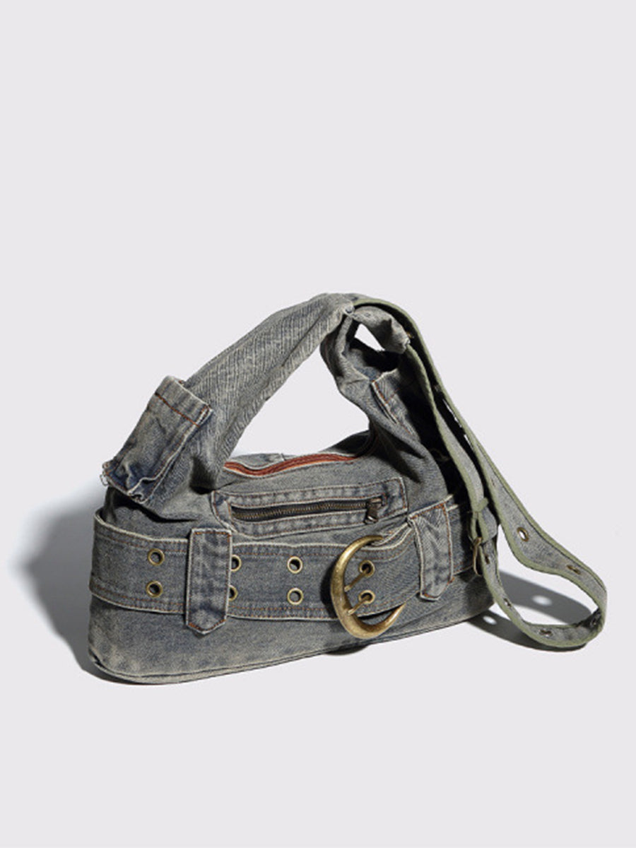Fashion Distressed Denim Buckle Belt Decor Hobo Bag
