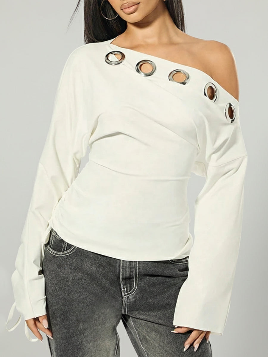 Ursiime Daily White Oblique Collar Long Sleeve Cut Out Casual Short Blouses