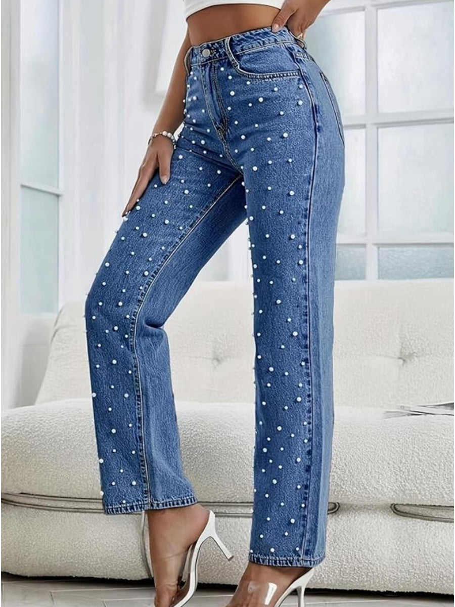 Casual Blue Beaded Embellished High Waist Washed Denim Straight Jeans