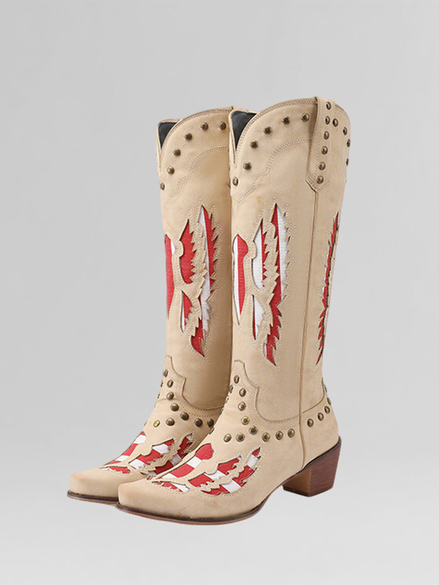 Western Apricot PU Leather Colorblock Studded Pointed Toe Cowboy Boots
