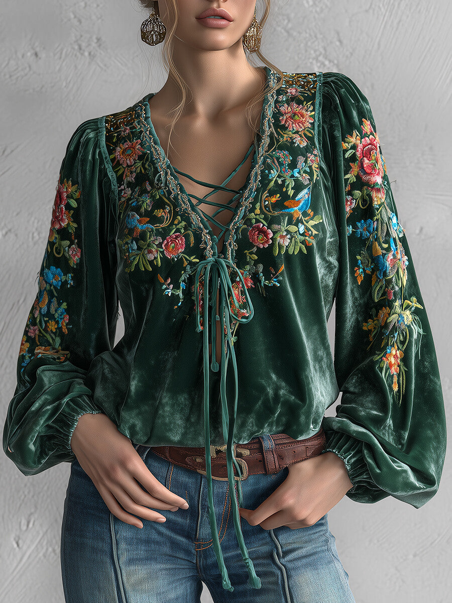 Ursiime Dark Green Velvet Floral Print Lace-Up V Neck Lantern Sleeve Blouse