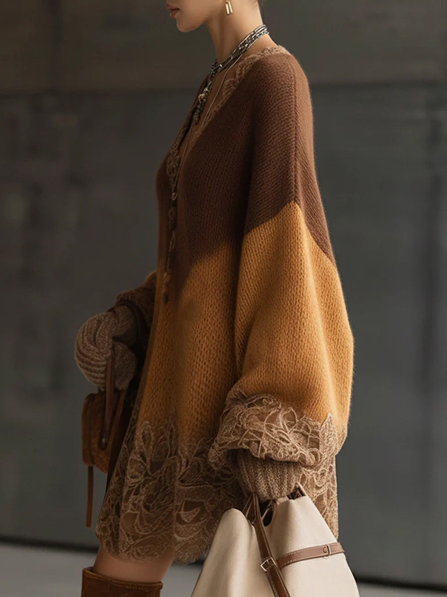 Ursiime Party Lace Brown Colorblock V Neck Lantern Sleeve Long Sleeve Contrast Boho Knitted Mini Dresses