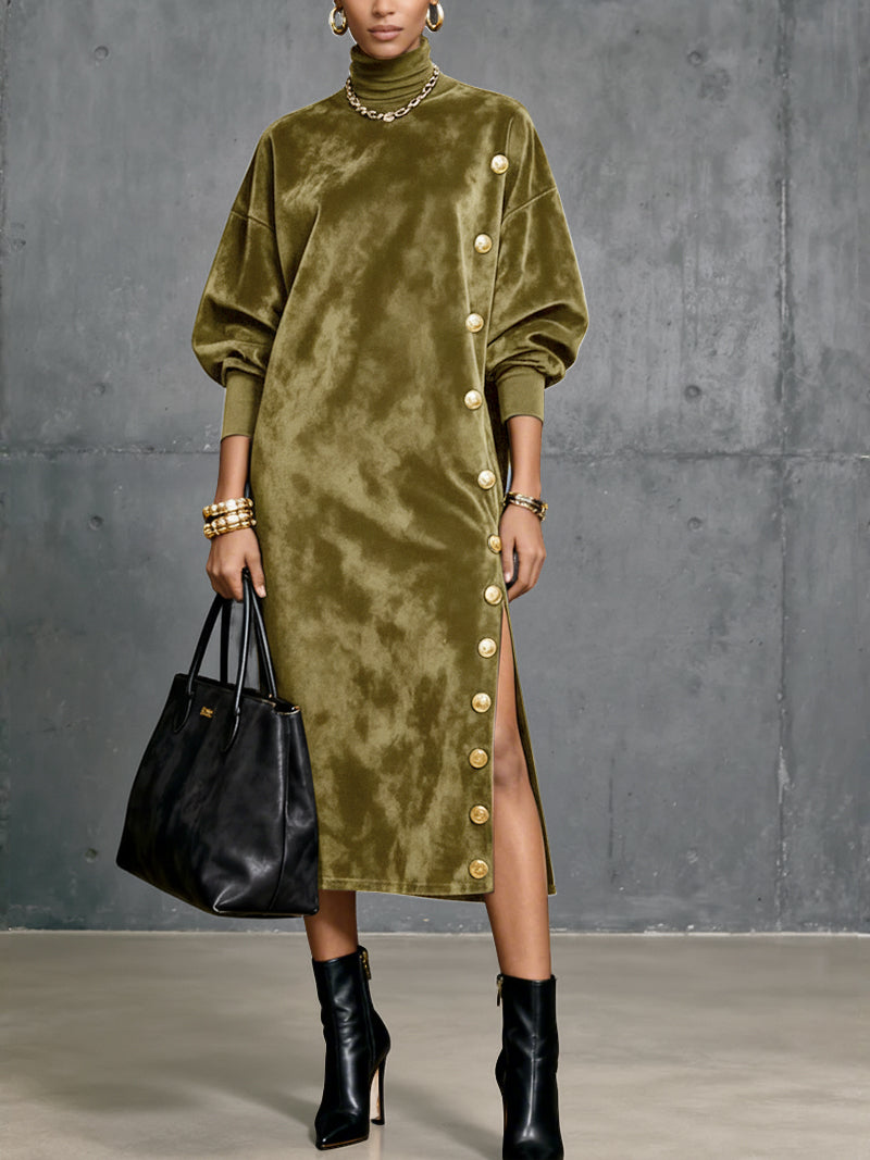 Ursiime Evening Gowns Black High Collar Lantern Sleeve Long Sleeve Button Elegant Velvet Midi Dresses