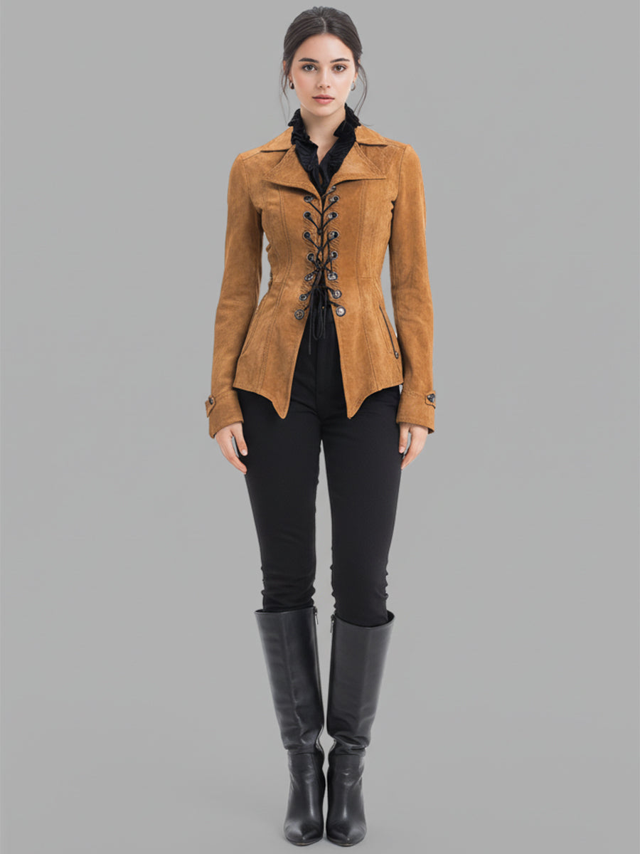 Ursiime Daily Khaki Turndown Collar Long Sleeve Lace Up Western Chamois Jacket [Pre-Order]