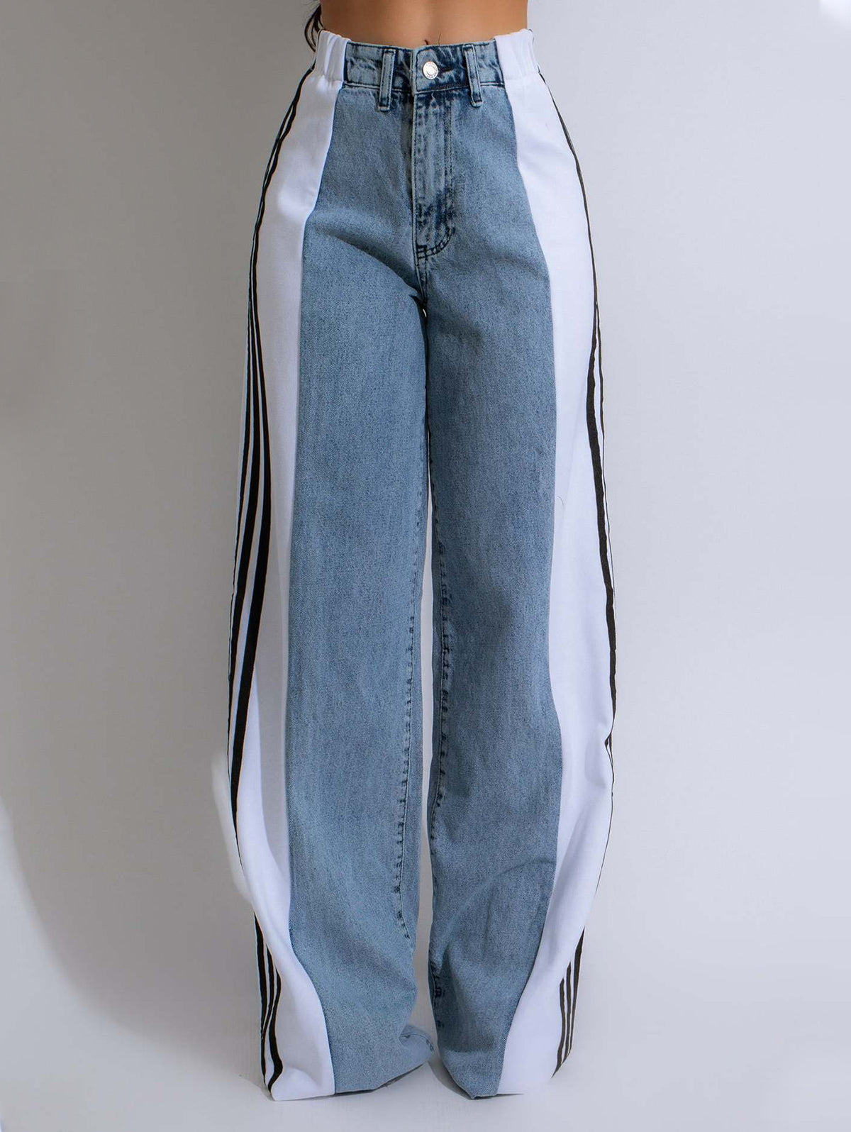 Fashion Stripe Patchwork High Rise Straight Leg Denim Jeans