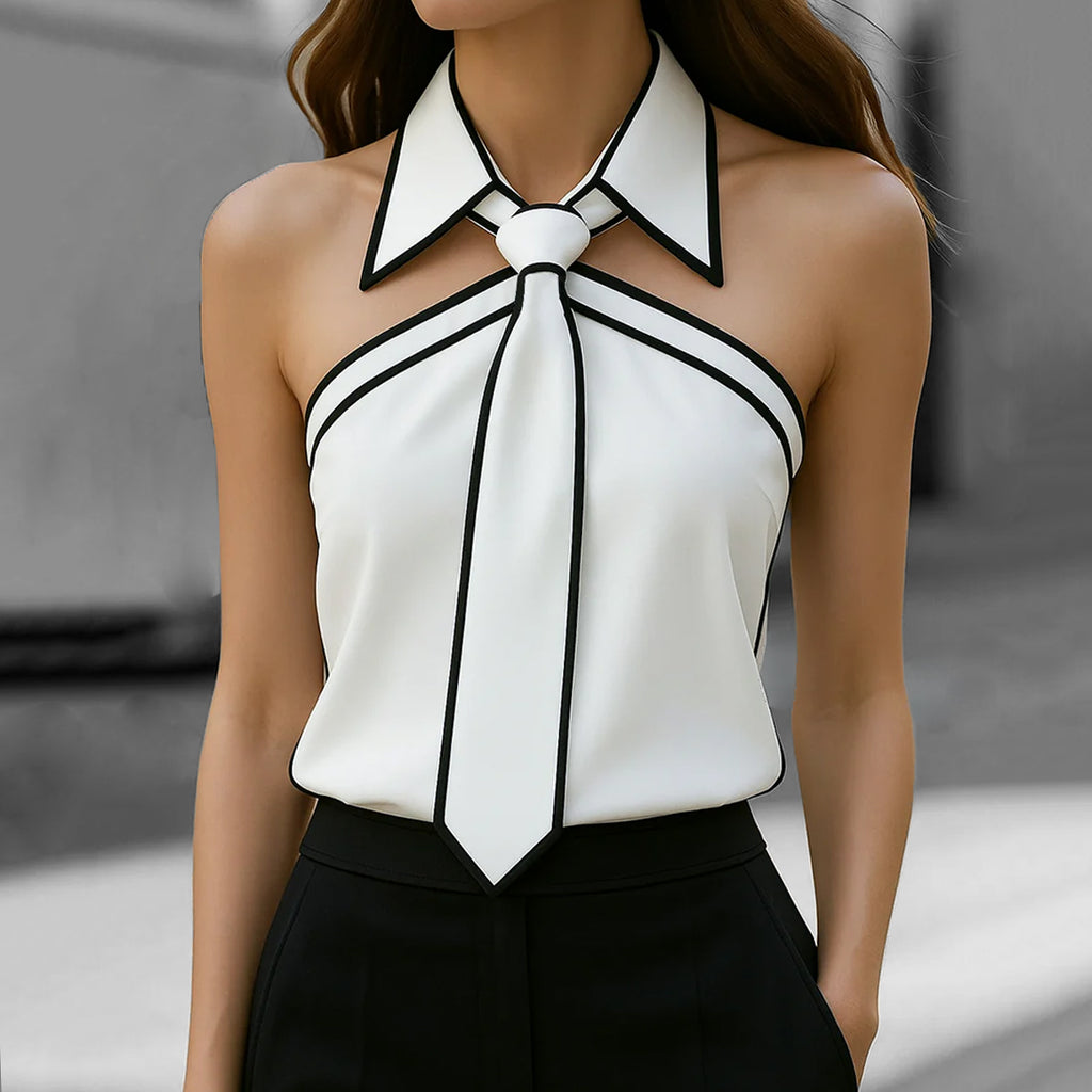 Fashion Halter Tie Neck Contrast Binding Blouse