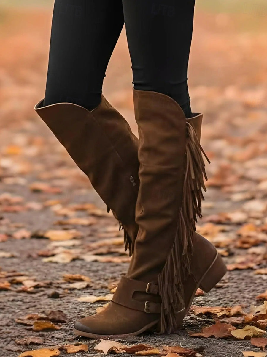 Western Brown Suede Double Buckle Straps Fringe Over-The-Knee Boots