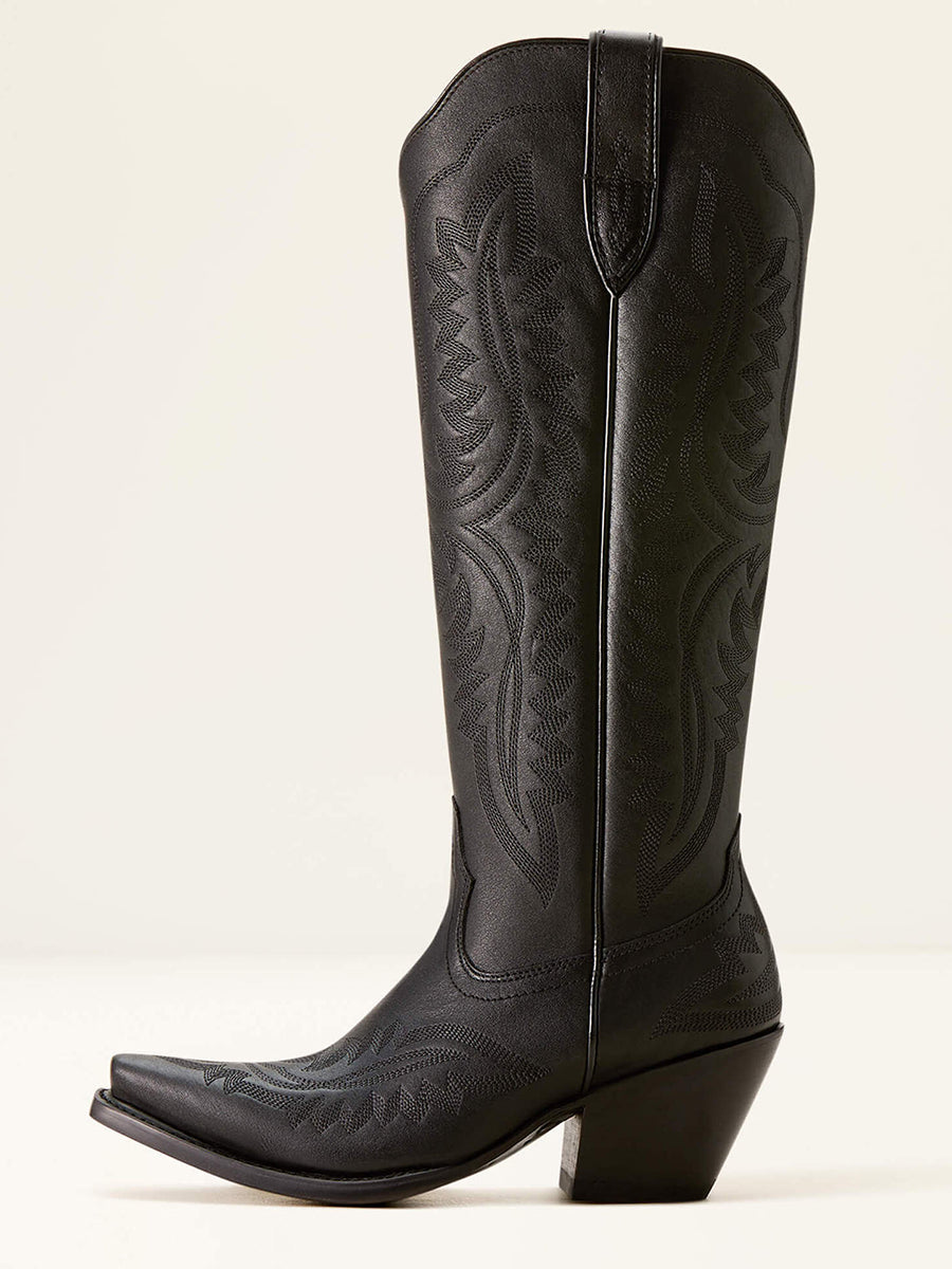 Western Yellow Brown PU Leather Leaf Stitched Patterns Pointed Toe Chunky Heel Boots