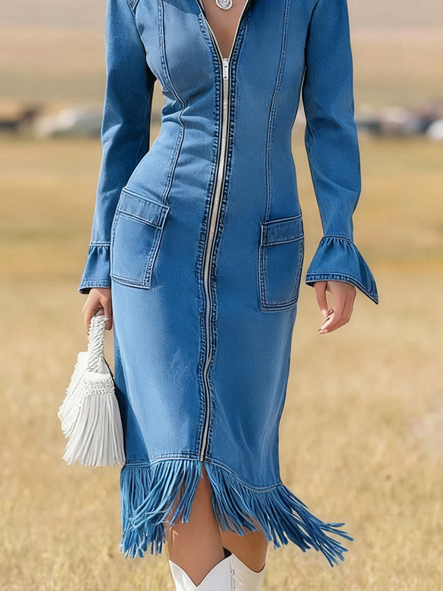 Ursiime Festival Blue Shirt Collar Long Sleeve Strappy Western Zipper Denim Midi Dresses