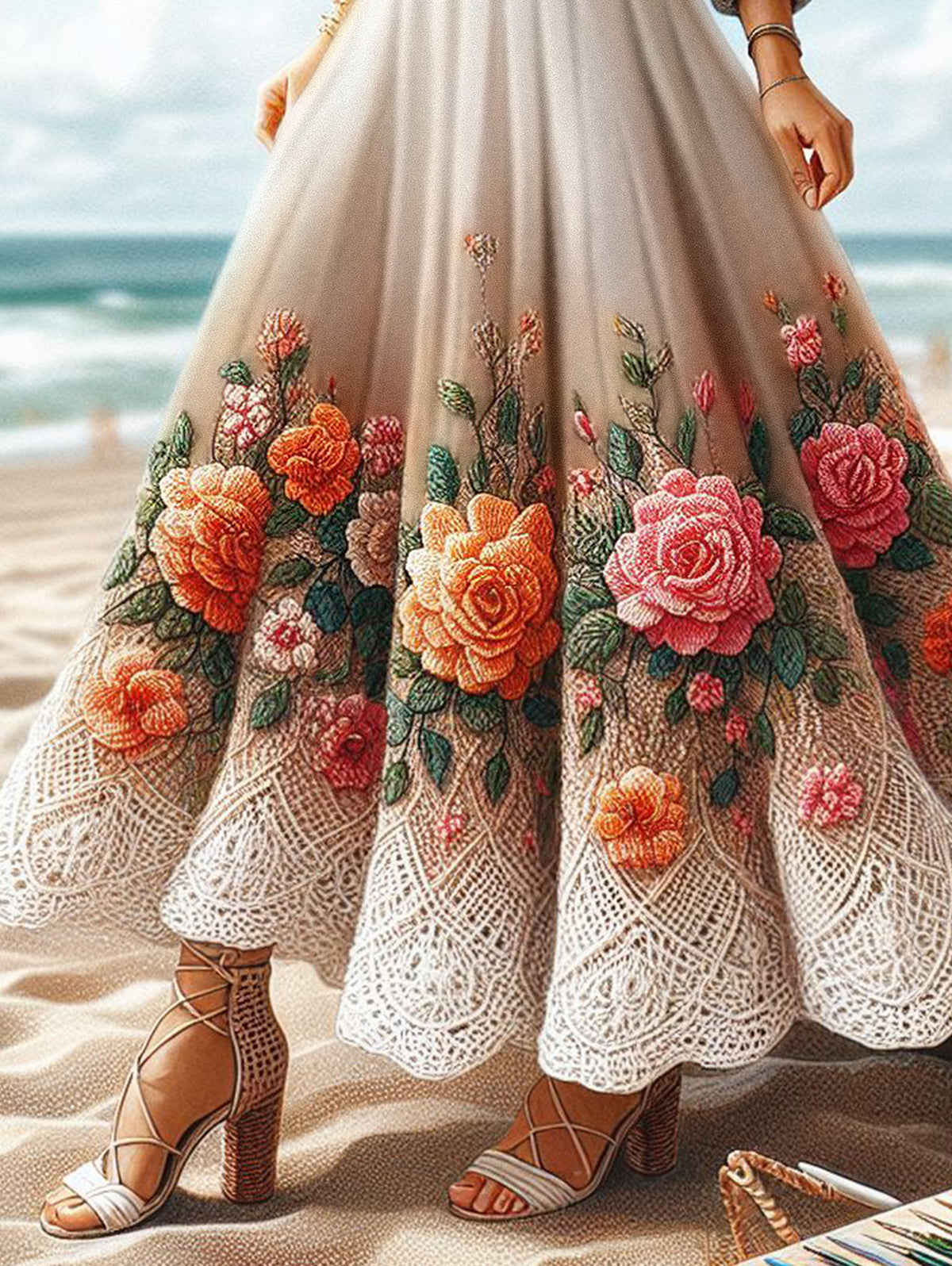 Ursiime Lace Floral Print Pleated Maxi Skirt