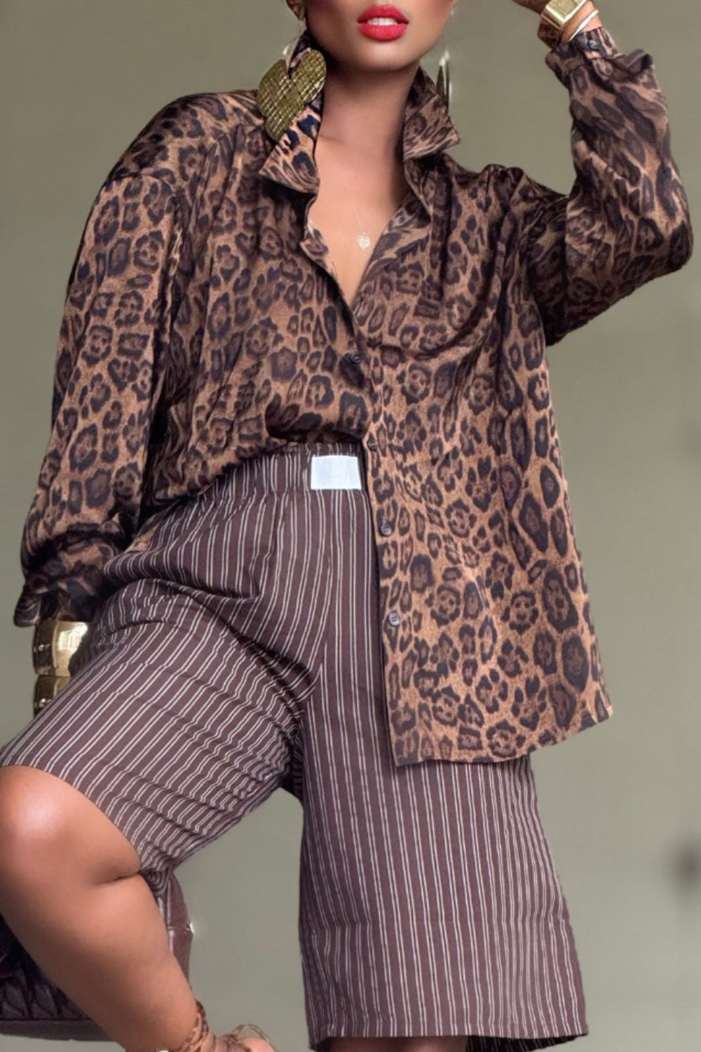Ursiime Design Daily Brown Leopard Shirt Collar Long Sleeve Pocket Vintage Blouses [Pre-Order]