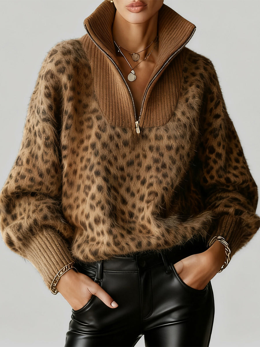 Ursiime Daily Brown Leopard High Collar Long Sleeve Zipper Vintage Sweaters [Pre-Order]