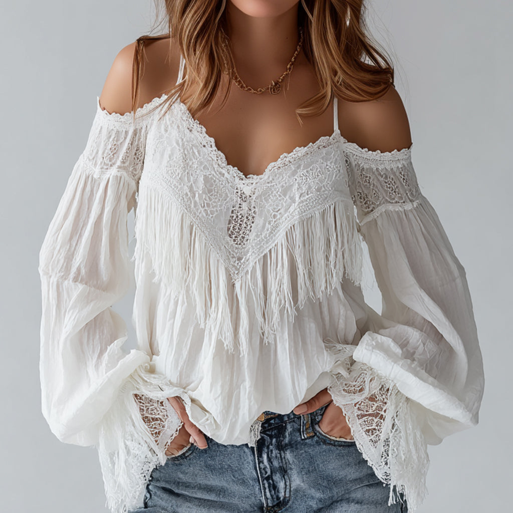 Ursiime Boho Lace Fringe Cold Shoulder Lantern Sleeve Blouse
