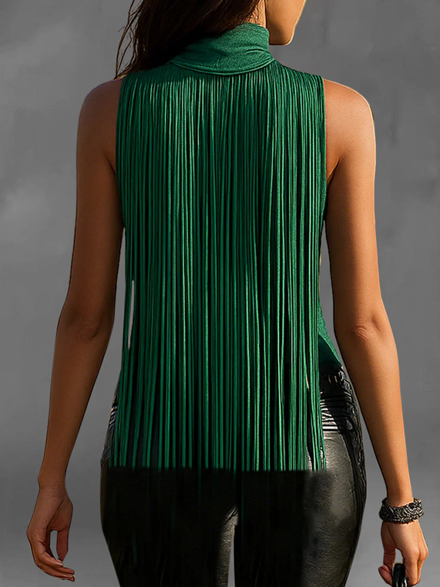 Boho Suede Long Fringe Sleeveless High Neck Blouse