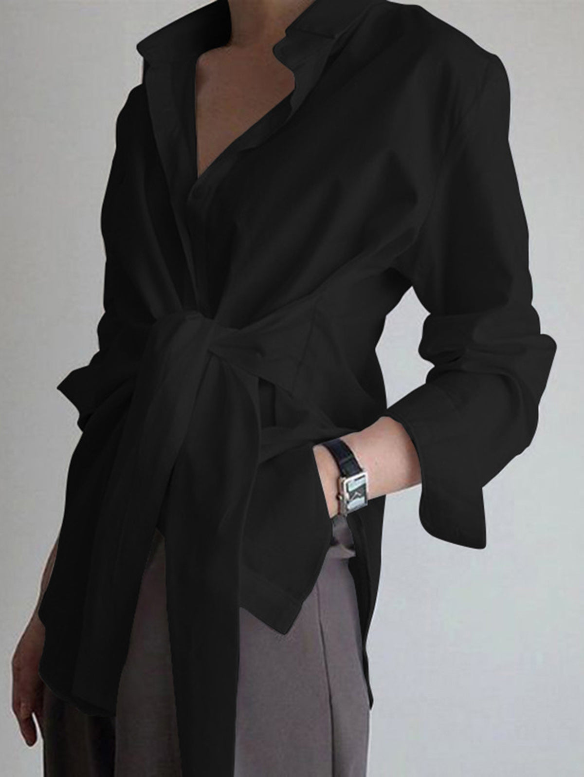 Daily Shirt Collar Front Lace Up Long Sleeve Blouse