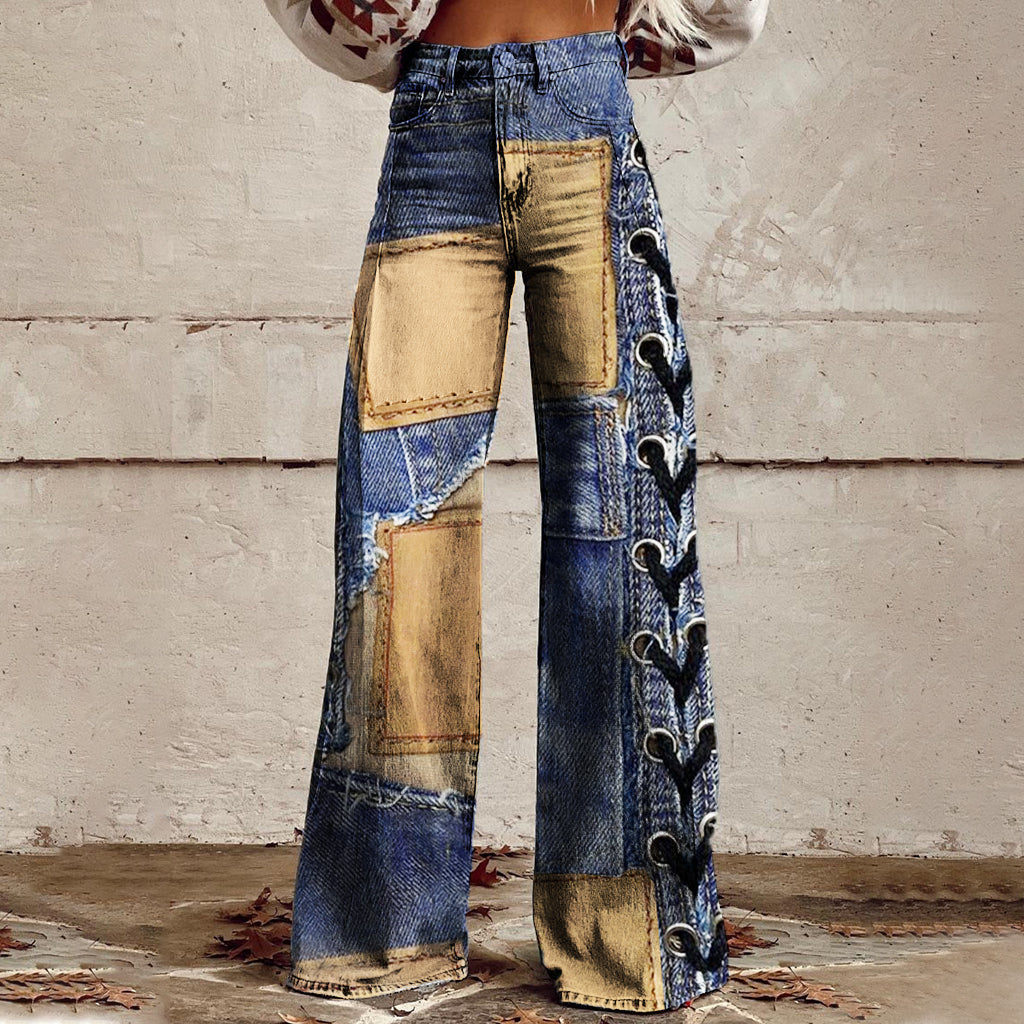 Ursiime Patchwork Allover Pattern High Rise Wide Leg Pants