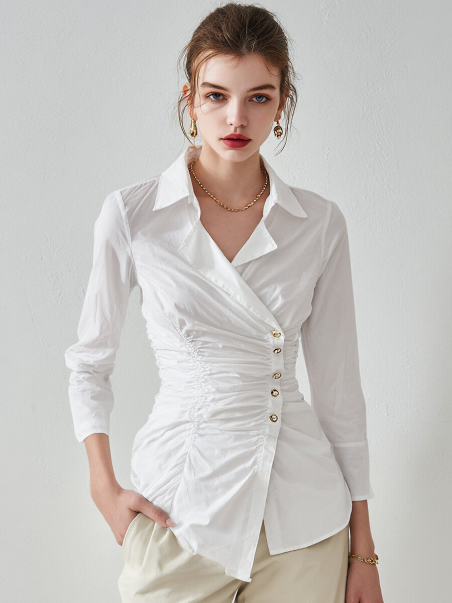 Ursiime Business Casual White Shirt Collar Long Sleeve Fold Elegant Shirt