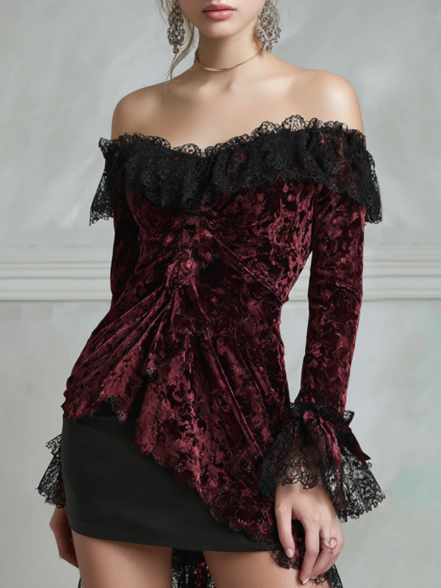 Ursiime Party Lace Burgundy Off The Shoulder Long Sleeve Contrast Velvet Blouses