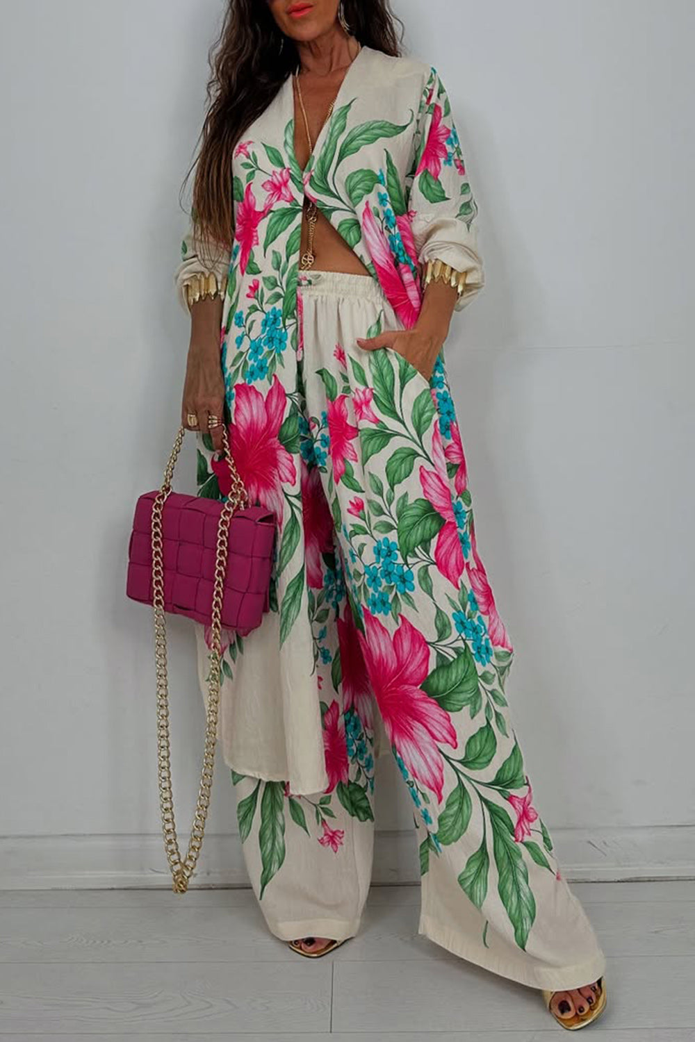 Ursiime Design Business Casual White Tropical Print Long Sleeve Pocket Casual Wide Leg Two Piece Pant Sets [Pre-Order]