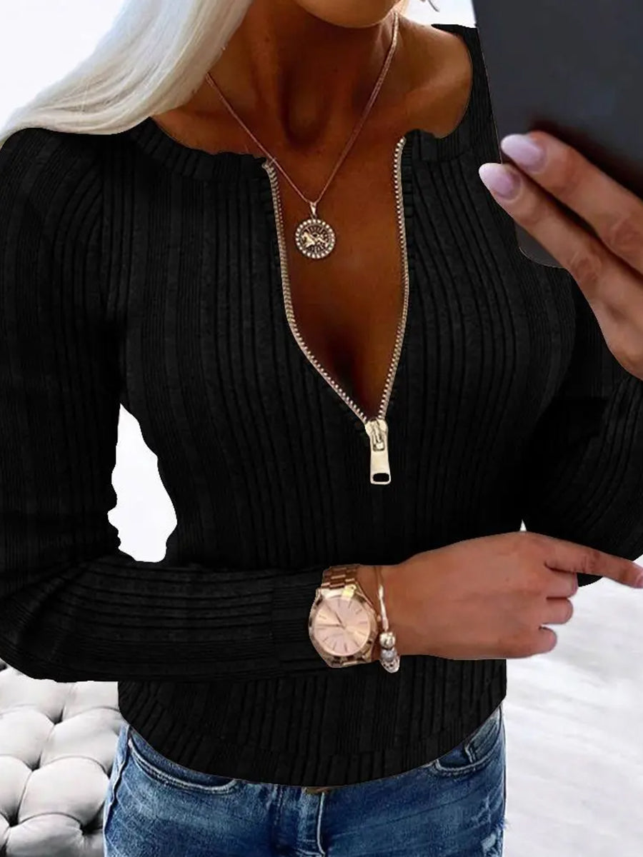 Casual White Ribbed Knit Half-Zip Button Decor Long Sleeve Top