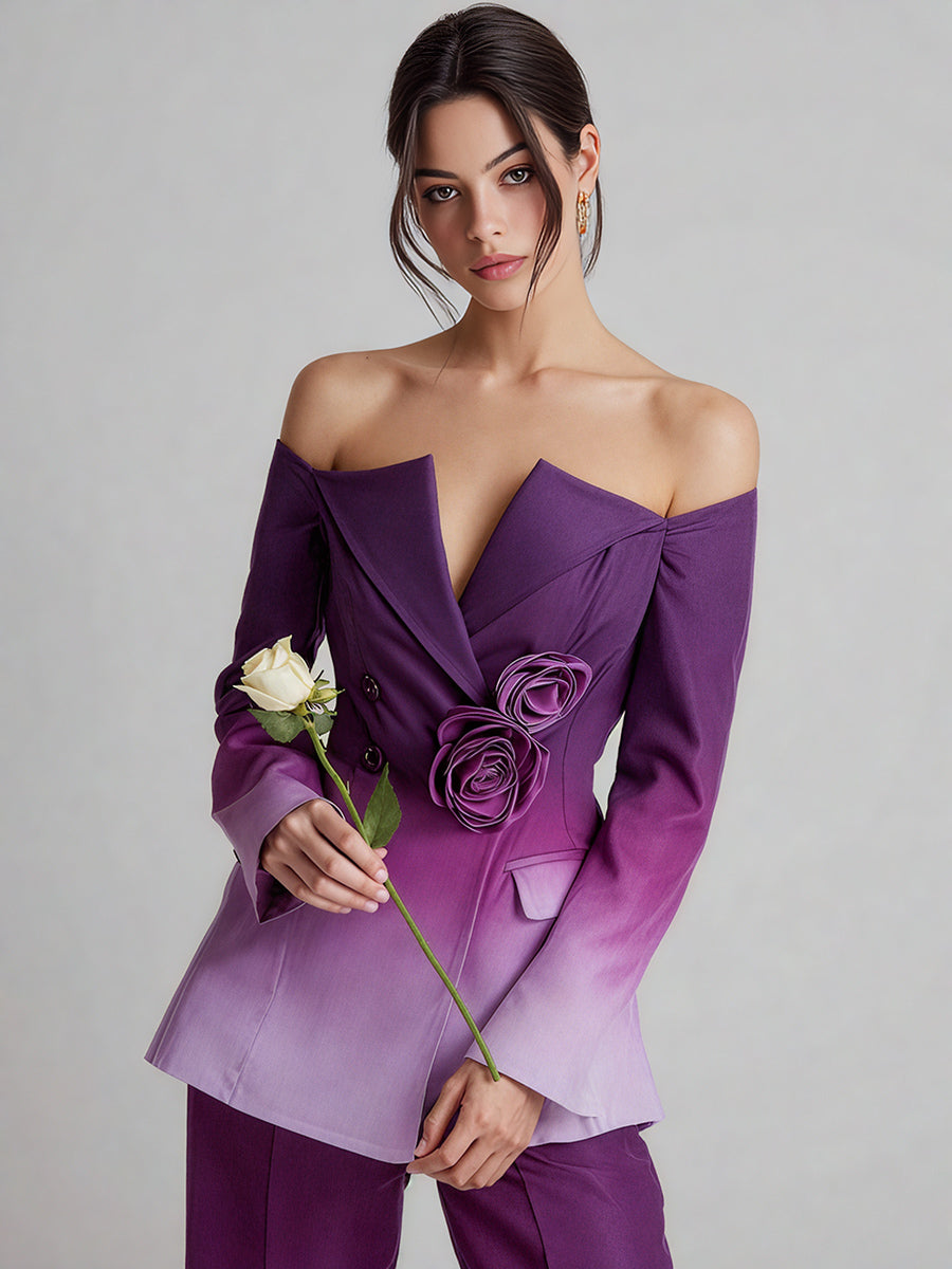 Ursiime Cocktail Party Purple Gradient Off The Shoulder Long Sleeve 3D Elegant Two Piece Pant Suits