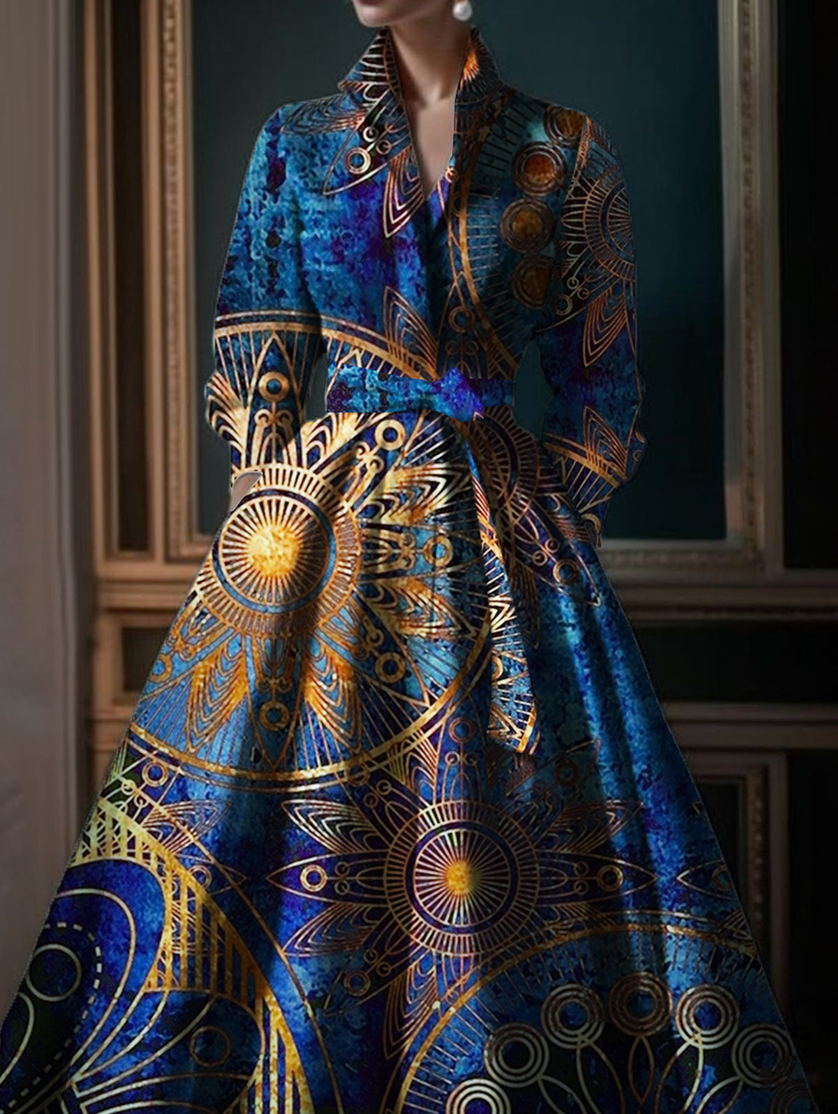 Ursiime Fashion Allover Pattern Stand Collar Belt Pocket Maxi Dress