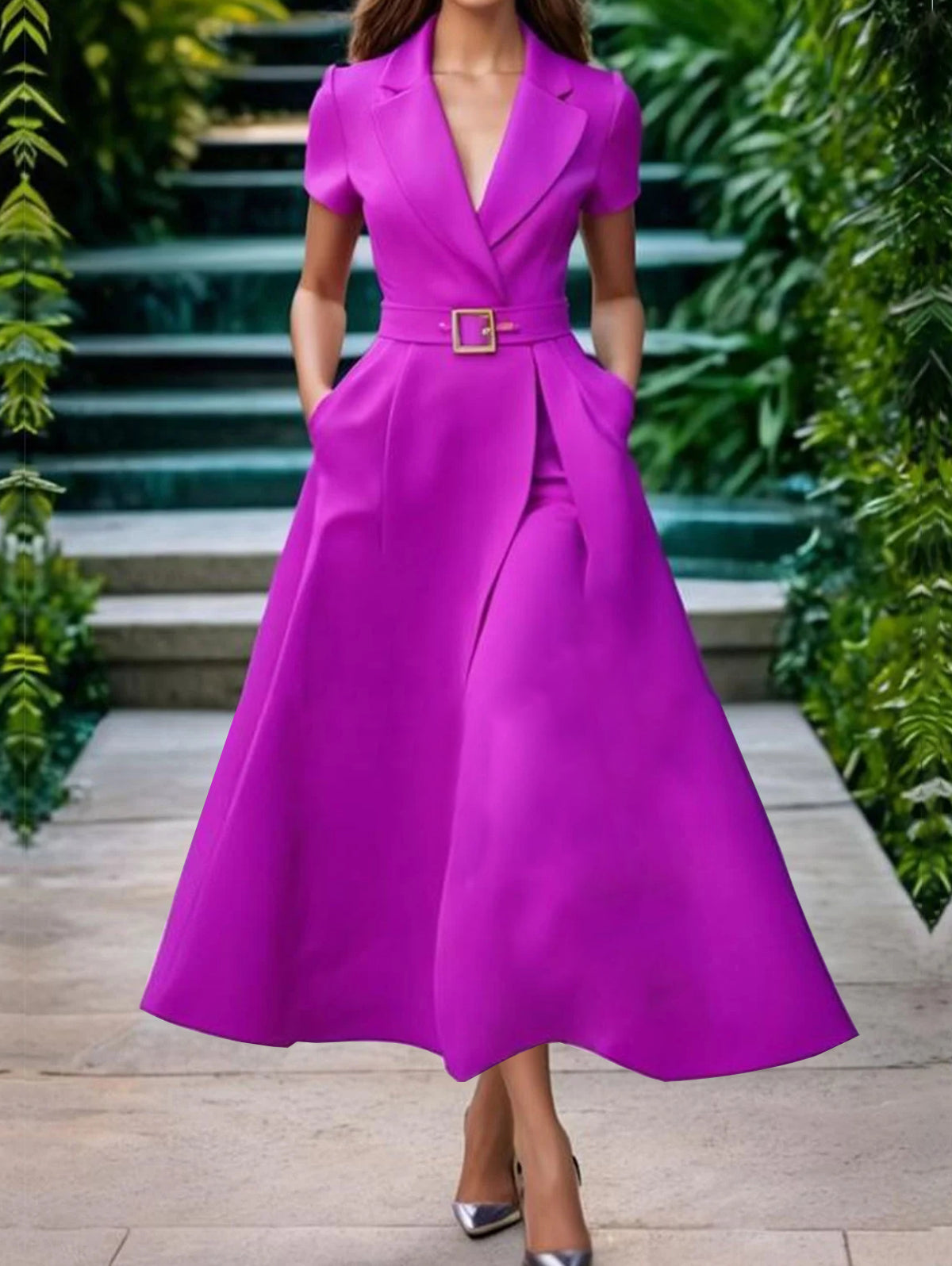 Ursiime Elegant Lapel Collar Belt Pocket Short Sleeve Midi Dress