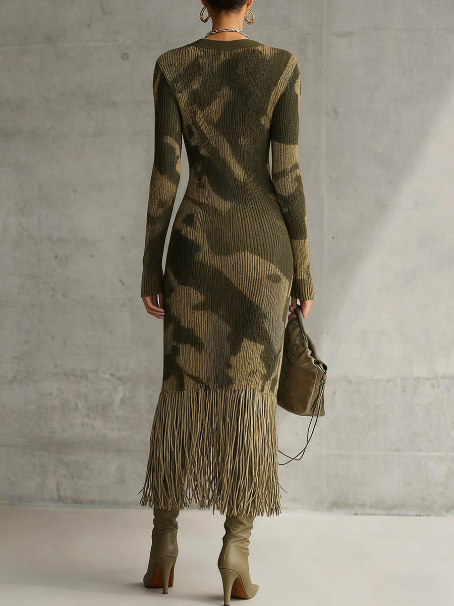 Casual Army Green Camouflage Knit V Neck Long Sleeve Fringe Hem Midi Dress