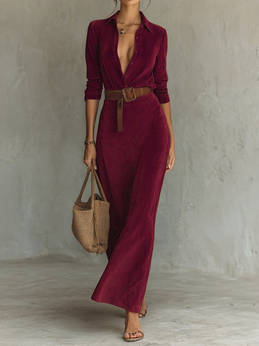 Elegant Brown Suede Shirt Collar Long Sleeve Button Belted Maxi Dress