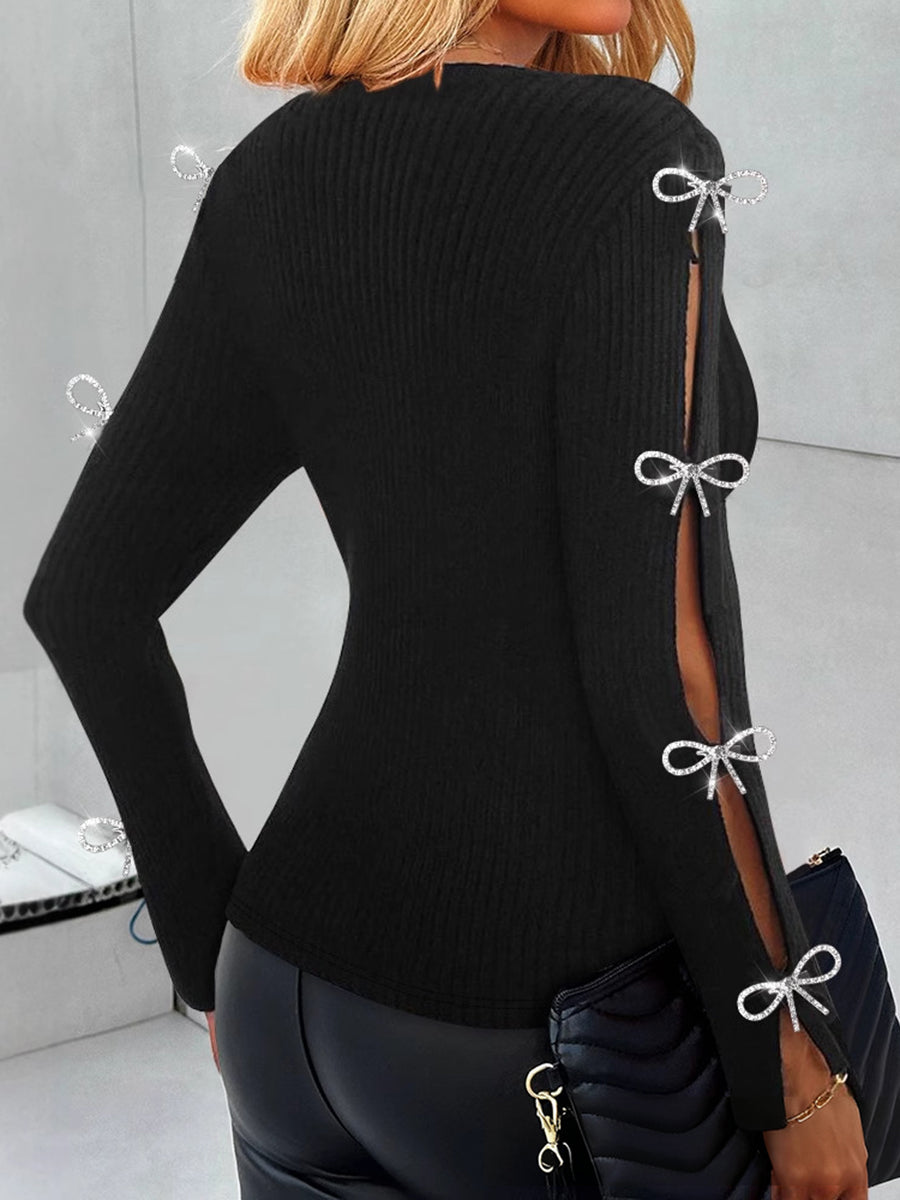 Casual Khaki Wrap V Neck Long Sleeve Rhinestone Crossover Hem Ribbed Knit Top