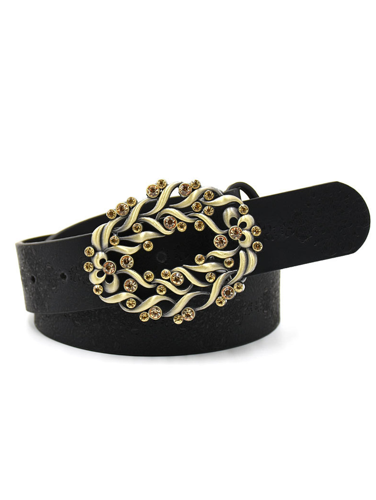 Retro Rhinestone Floral Buckle PU leather Belt