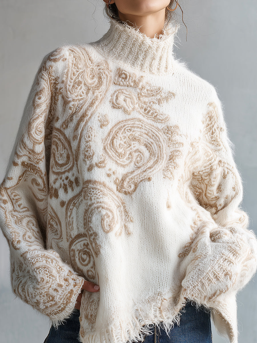 Ursiime Casual Beige High Neck Paisley Pattern Long Sleeve Raw Edge Sweater